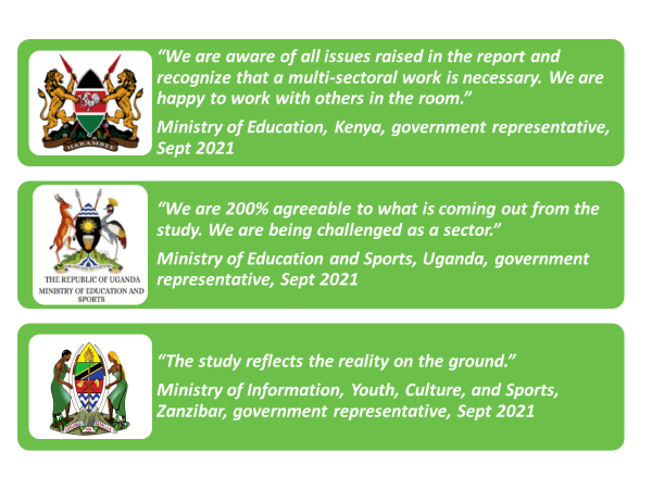 A graphic with quotes from the Ministry Of Education in Kenya, Ministry of Education and Sports, Uganda and Ministry of Information Zanzibar