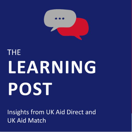 A blue graphic which says "The learning post, insights from UK Aid Direct and UK Aid Match" with an icon of two speech bubbles in grey and red