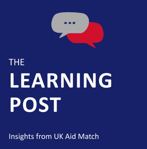 A blue and white graphic which says 'The Learning Post, Insights from UK Aid Match'